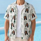 Man wearing Men's Glove Affair Custom Face Hawaiian Shirt open over a white tee