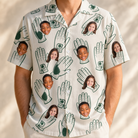 Model wearing Men's Glove Affair Custom Face Hawaiian Shirt printed with kids' faces