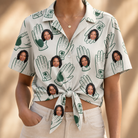 Woman wearing Women's Glove Affair Custom Face Hawaiian Shirt tied at the waist
