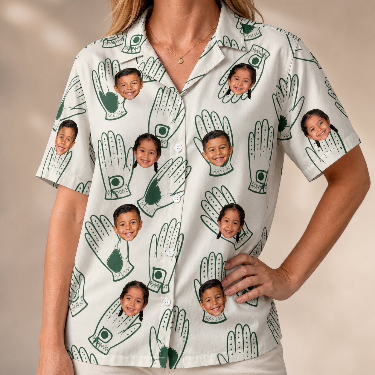 Model wearing Women's Glove Affair Custom Face Hawaiian Shirt printed with kids' faces