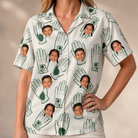 Model wearing Women's Glove Affair Custom Face Hawaiian Shirt printed with kids' faces