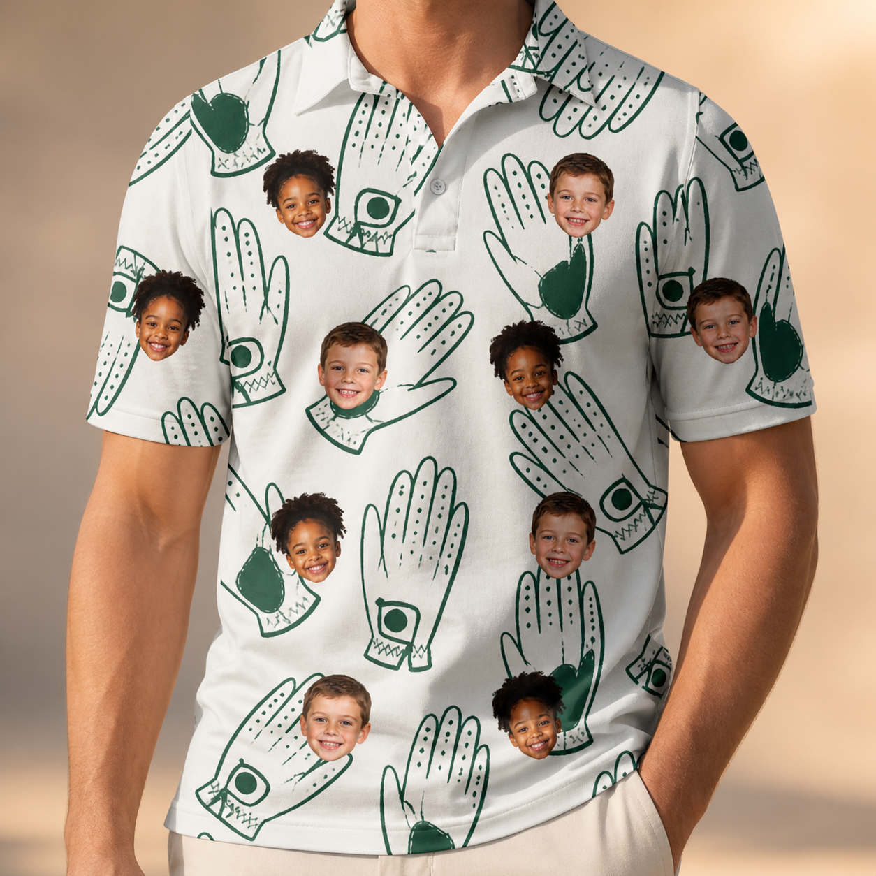 Model wearing Men's Glove Affair Custom Face Polo Shirt printed with kids' faces