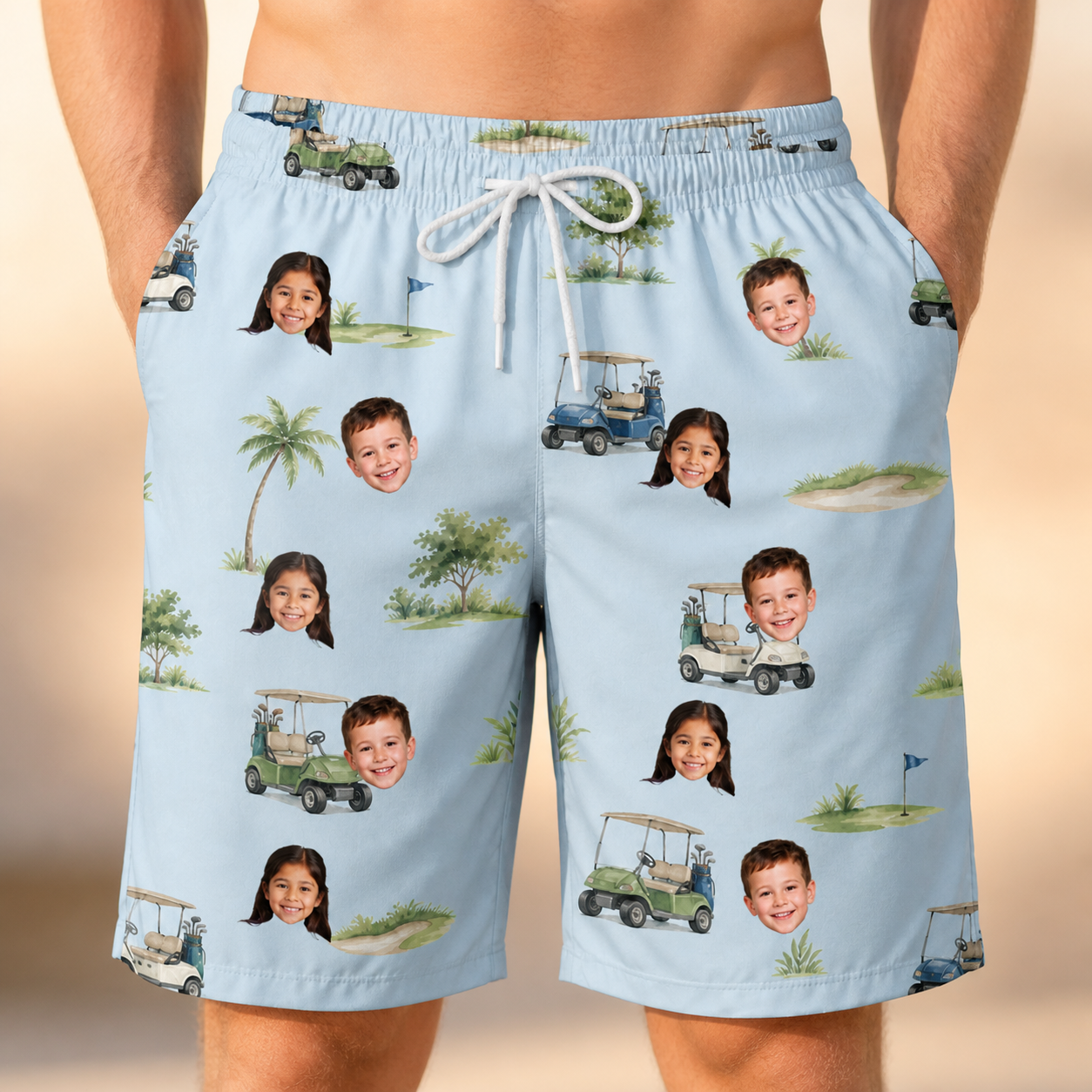 Model wearing Men's Driver Drifters Custom Face Beach Shorts printed with kids' faces