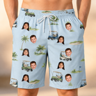 Model wearing Men's Driver Drifters Custom Face Beach Shorts printed with kids' faces