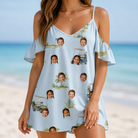Model wearing Women's Driver Drifters Custom Face Off-Shoulder Dress printed with kids' faces