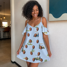 Real-life photo of someone wearing Women's Driver Drifters Custom Face Off-Shoulder Dress — custom faces printed all-over