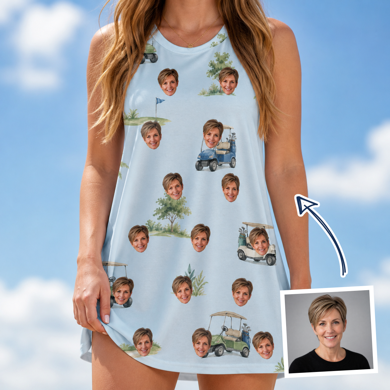 Woman wearing Women's Driver Drifters Custom Face Tank Dress — custom faces printed all-over