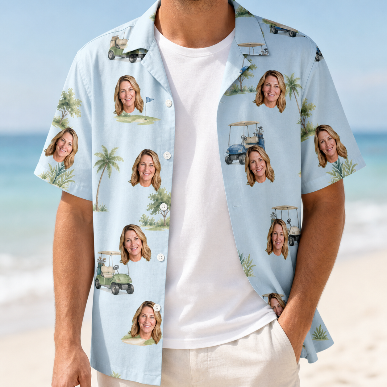 Man wearing Men's Driver Drifters Custom Face Hawaiian Shirt open over a white tee