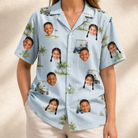 Model wearing Women's Driver Drifters Custom Face Hawaiian Shirt printed with kids' faces
