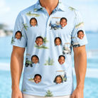 Model wearing Men's Driver Drifters Custom Face Polo Shirt printed with kids' faces