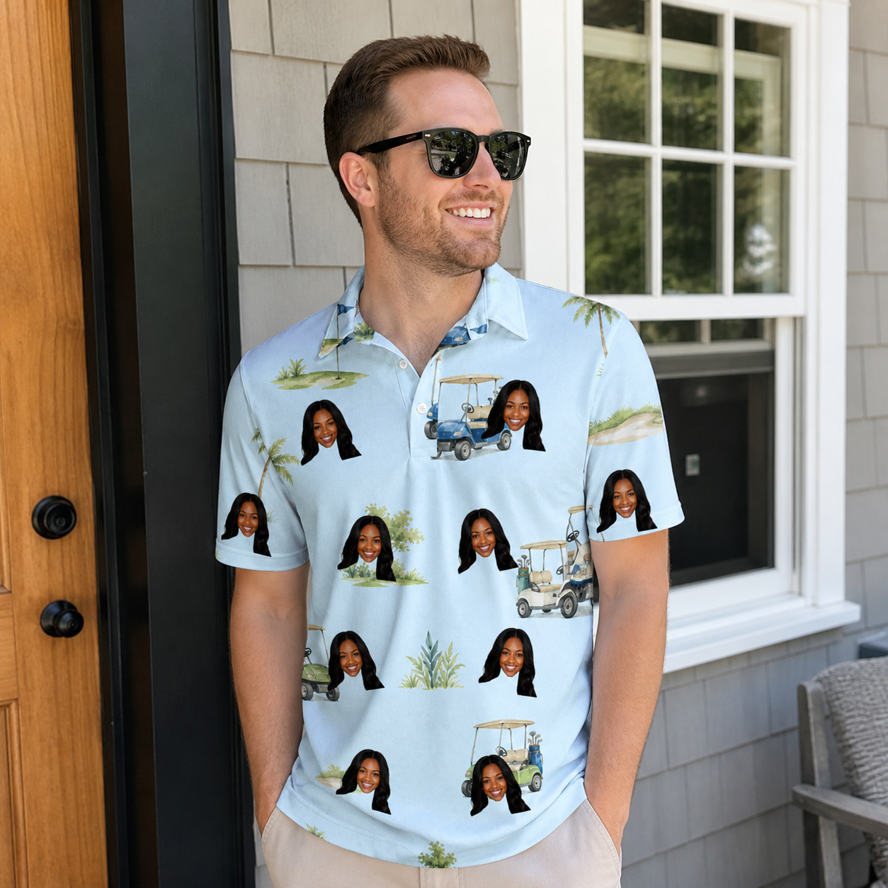 Real-life photo of someone wearing Men's Driver Drifters Custom Face Polo Shirt — custom faces printed all-over