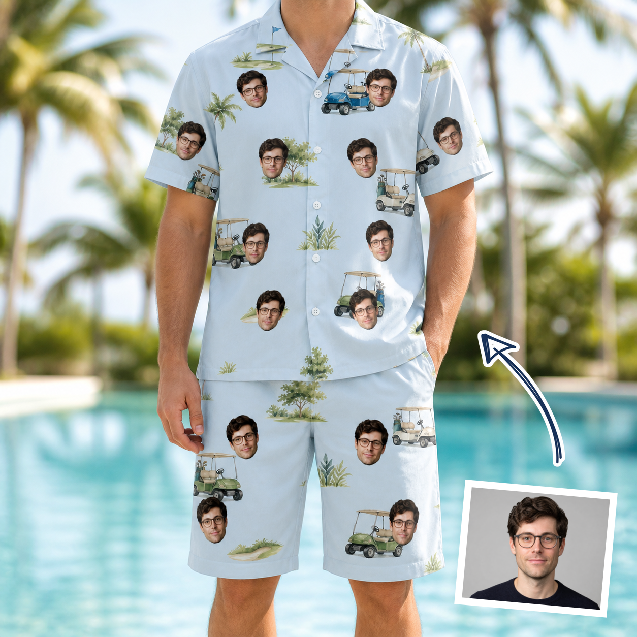 Man wearing Men's Driver Drifters Custom Face Shirt & Shorts Set — custom faces printed all-over