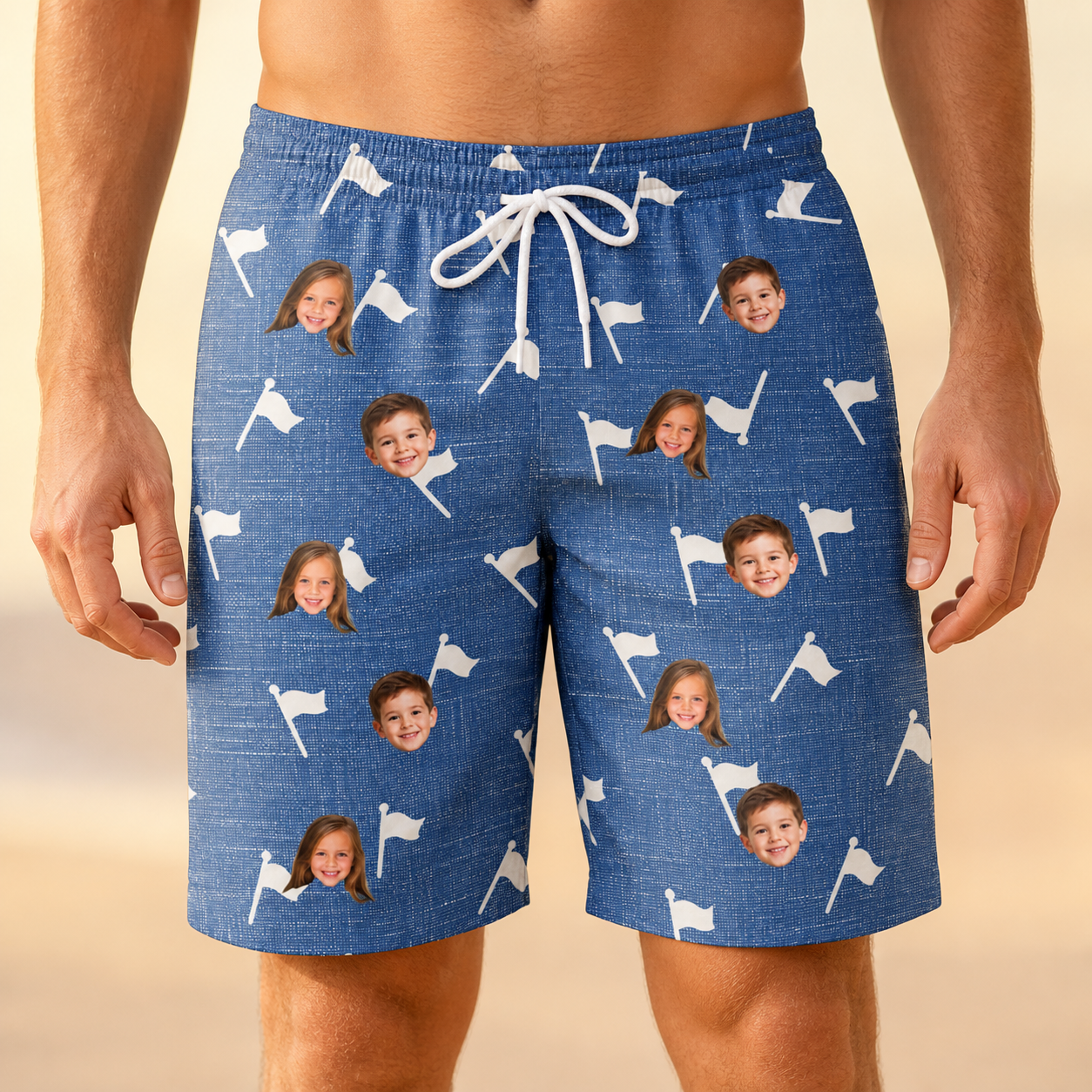 Model wearing Men's Flagstick Fanatics Custom Face Beach Shorts printed with kids' faces
