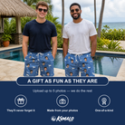 Friends in matching Men's Flagstick Fanatics Custom Face Beach Shorts — a group gift photo