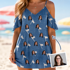 Woman wearing Women's Flagstick Fanatics Custom Face Off-Shoulder Dress — custom faces printed all-over