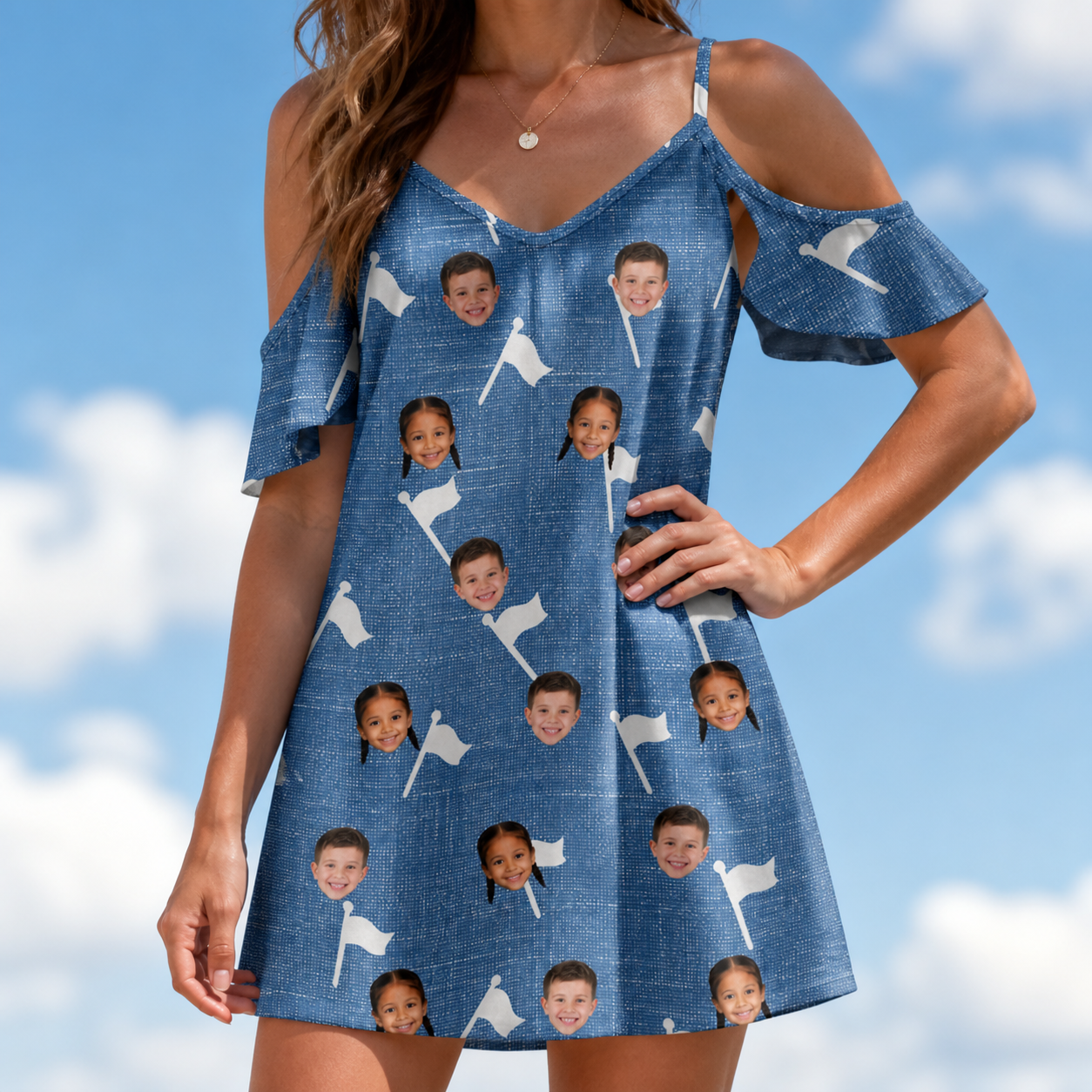 Model wearing Women's Flagstick Fanatics Custom Face Off-Shoulder Dress printed with kids' faces