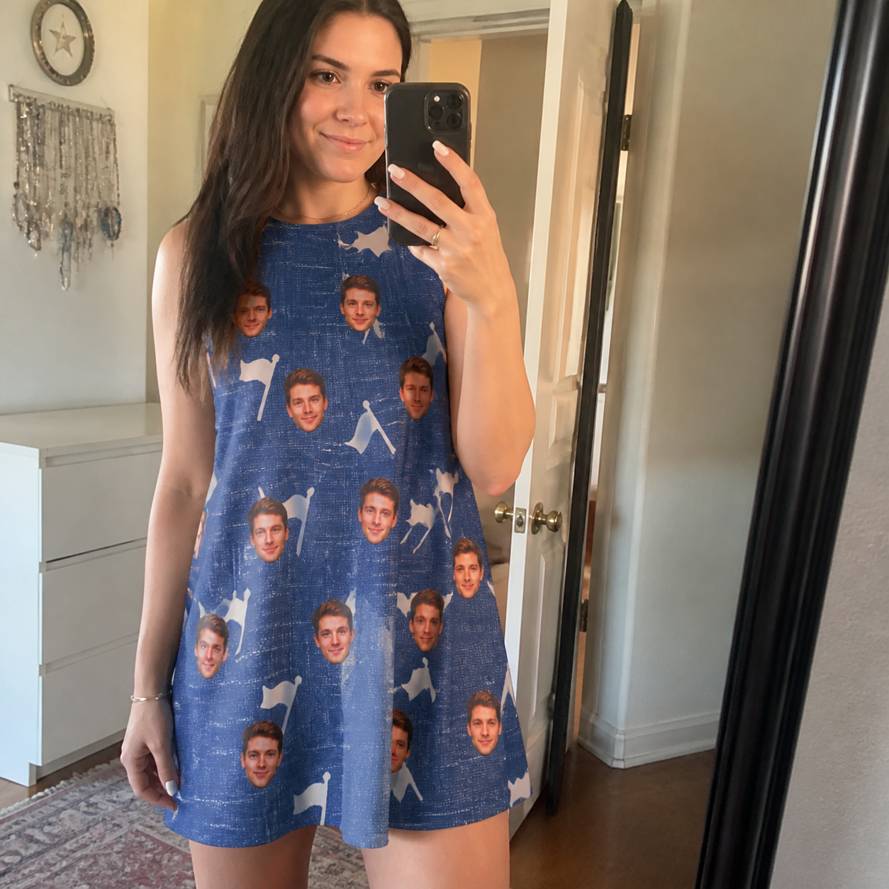 Real-life photo of someone wearing Women's Flagstick Fanatics Custom Face Tank Dress — custom faces printed all-over