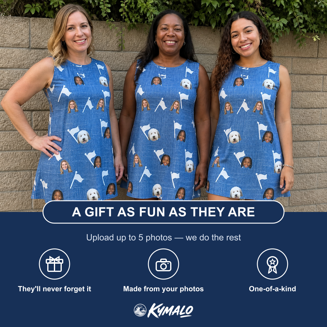 Friends in matching Women's Flagstick Fanatics Custom Face Tank Dress — a group gift photo
