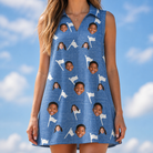 Model wearing Women's Flagstick Fanatics Custom Face V-Neck Dress printed with kids' faces