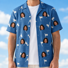 Man wearing Men's Flagstick Fanatics Custom Face Hawaiian Shirt open over a white tee