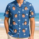 Model wearing Men's Flagstick Fanatics Custom Face Hawaiian Shirt printed with kids' faces