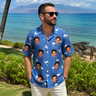 Real-life photo of someone wearing Men's Flagstick Fanatics Custom Face Hawaiian Shirt — custom faces printed all-over