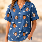 Model wearing Women's Flagstick Fanatics Custom Face Hawaiian Shirt printed with kids' faces