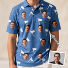 Man wearing Men's Flagstick Fanatics Custom Face Polo Shirt — custom faces printed all-over