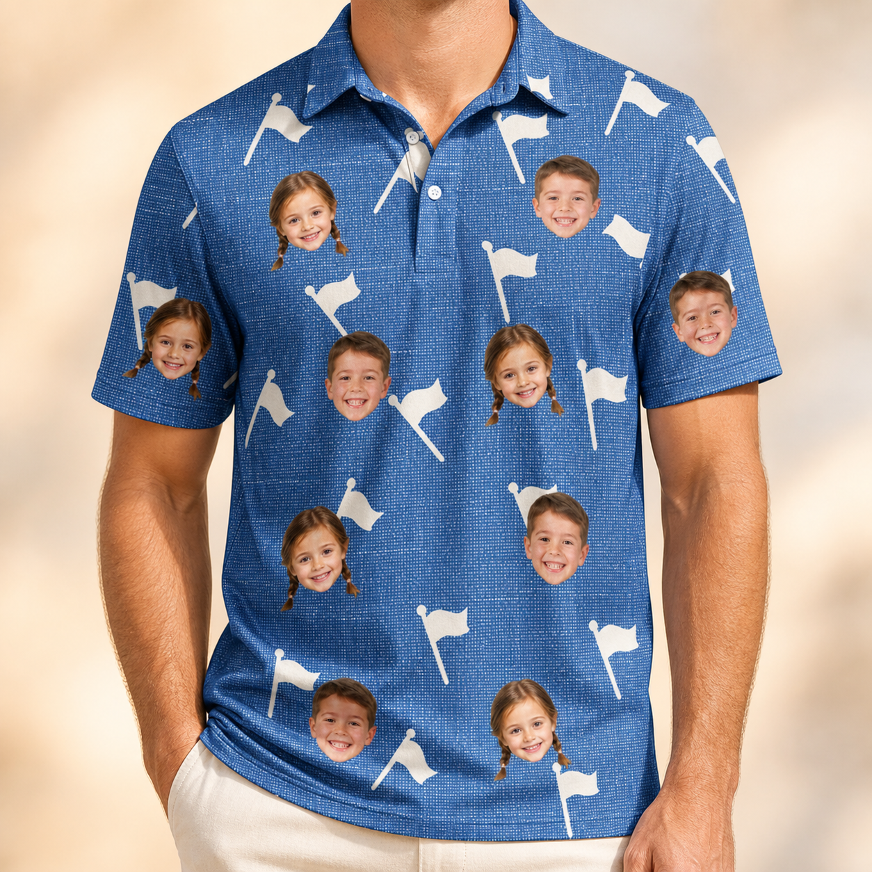 Model wearing Men's Flagstick Fanatics Custom Face Polo Shirt printed with kids' faces