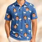 Model wearing Men's Flagstick Fanatics Custom Face Polo Shirt printed with kids' faces