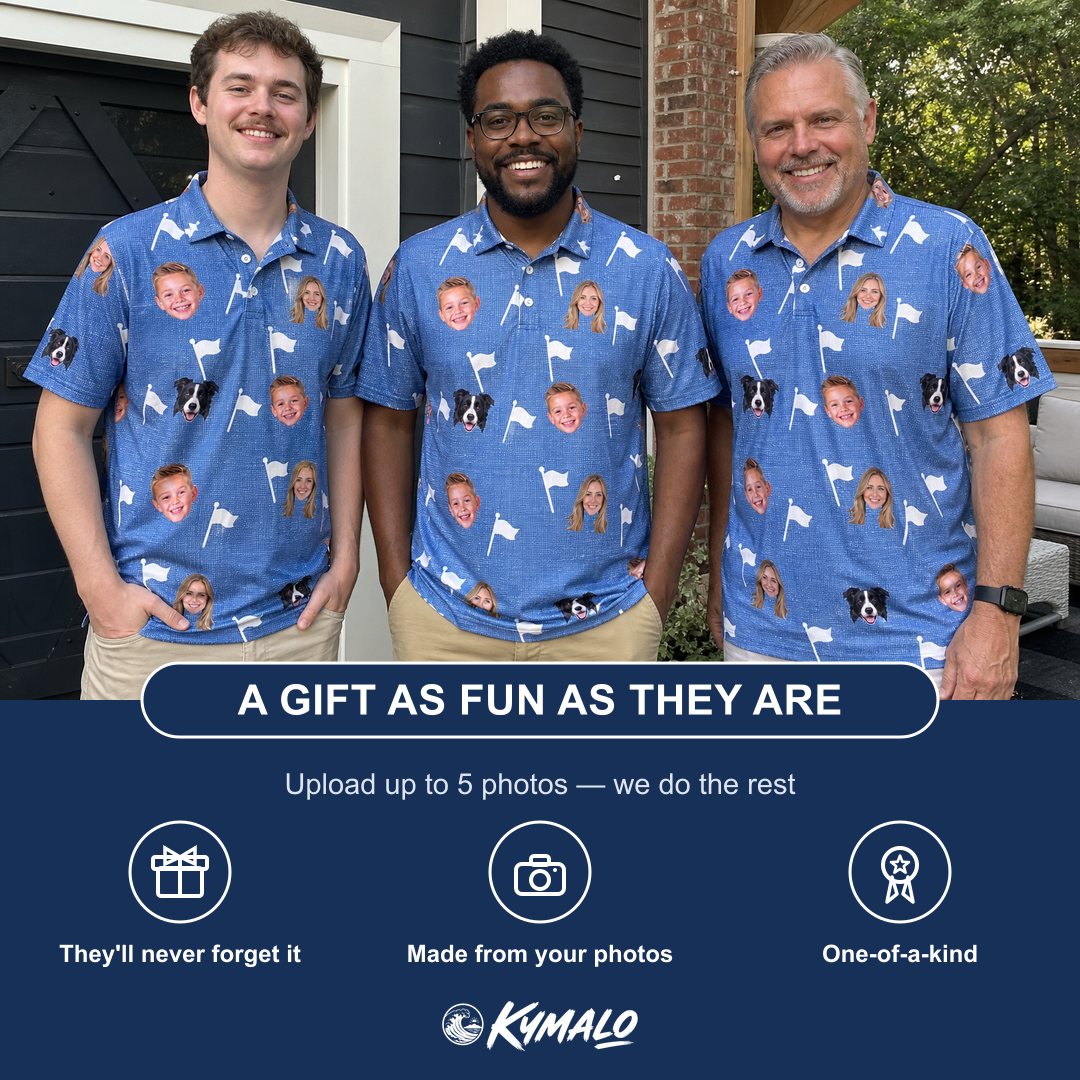 Friends in matching Men's Flagstick Fanatics Custom Face Polo Shirt — a group gift photo
