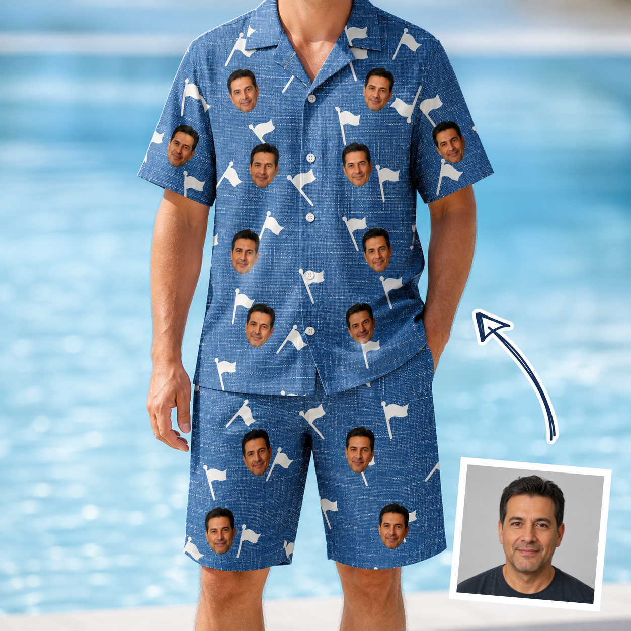 Man wearing Men's Flagstick Fanatics Custom Face Shirt & Shorts Set — custom faces printed all-over