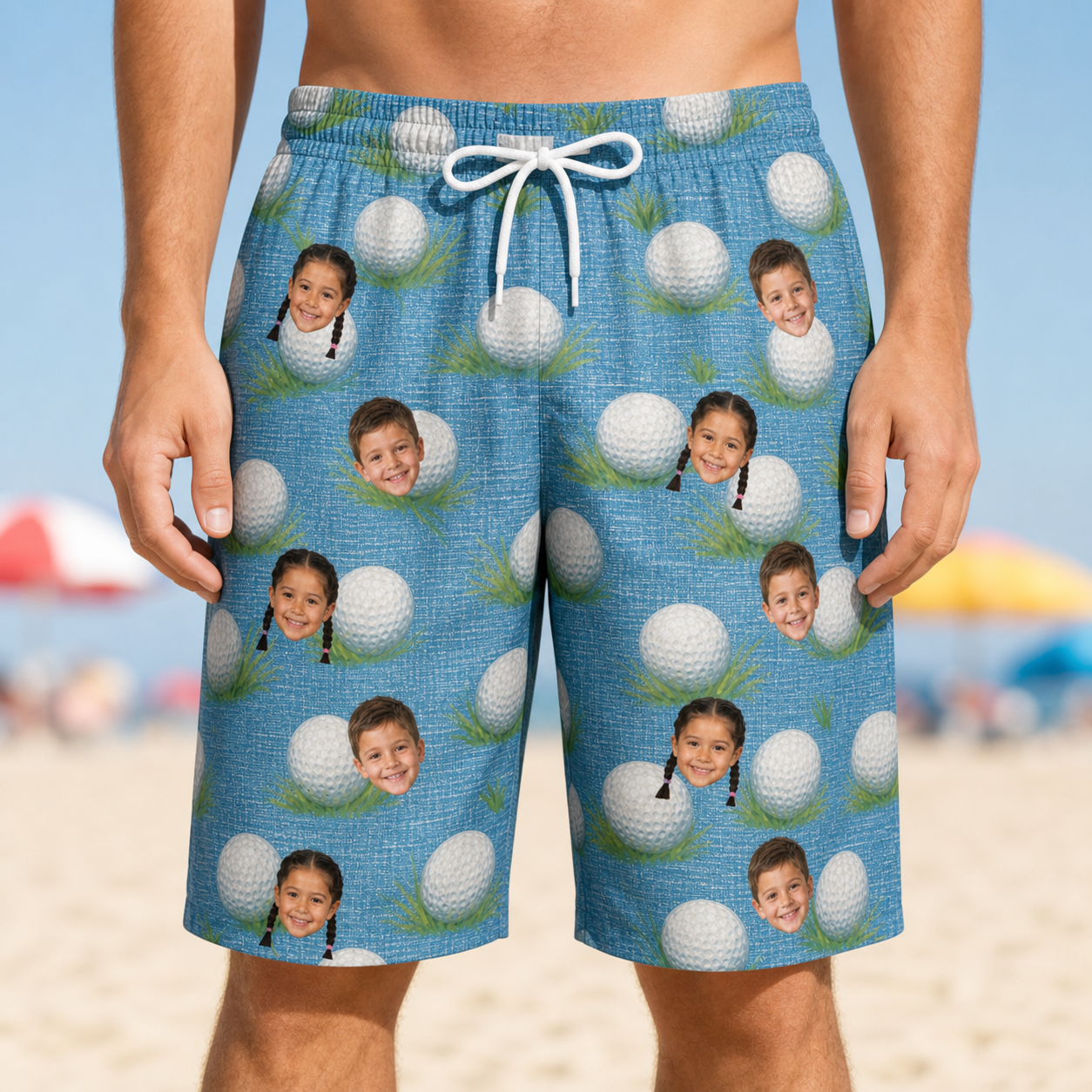 Model wearing Men's Roundabout Rollers Custom Face Beach Shorts printed with kids' faces
