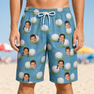 Model wearing Men's Roundabout Rollers Custom Face Beach Shorts printed with kids' faces