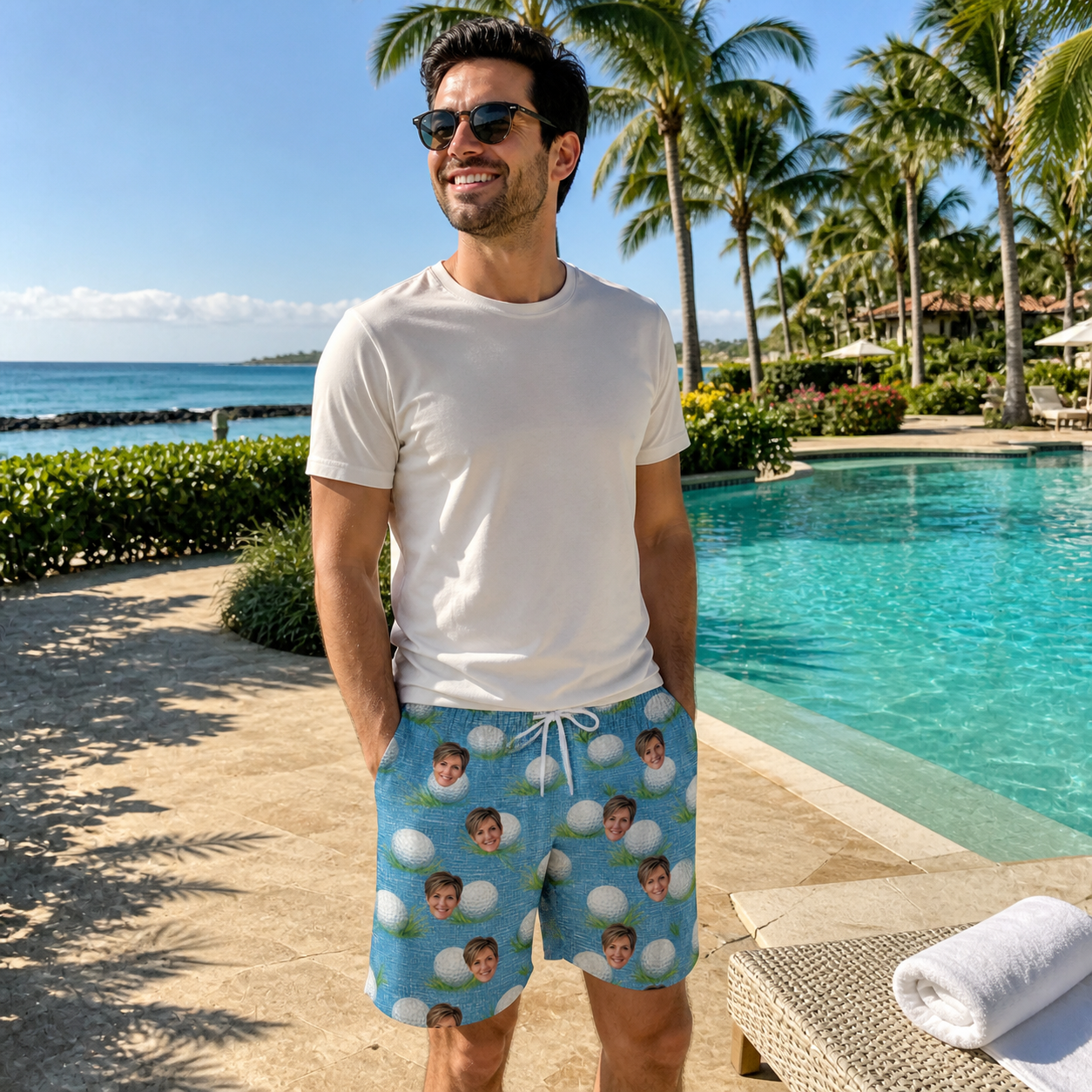 Real-life photo of someone wearing Men's Roundabout Rollers Custom Face Beach Shorts — custom faces printed all-over