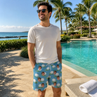 Real-life photo of someone wearing Men's Roundabout Rollers Custom Face Beach Shorts — custom faces printed all-over