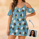 Woman wearing Women's Roundabout Rollers Custom Face Off-Shoulder Dress — custom faces printed all-over