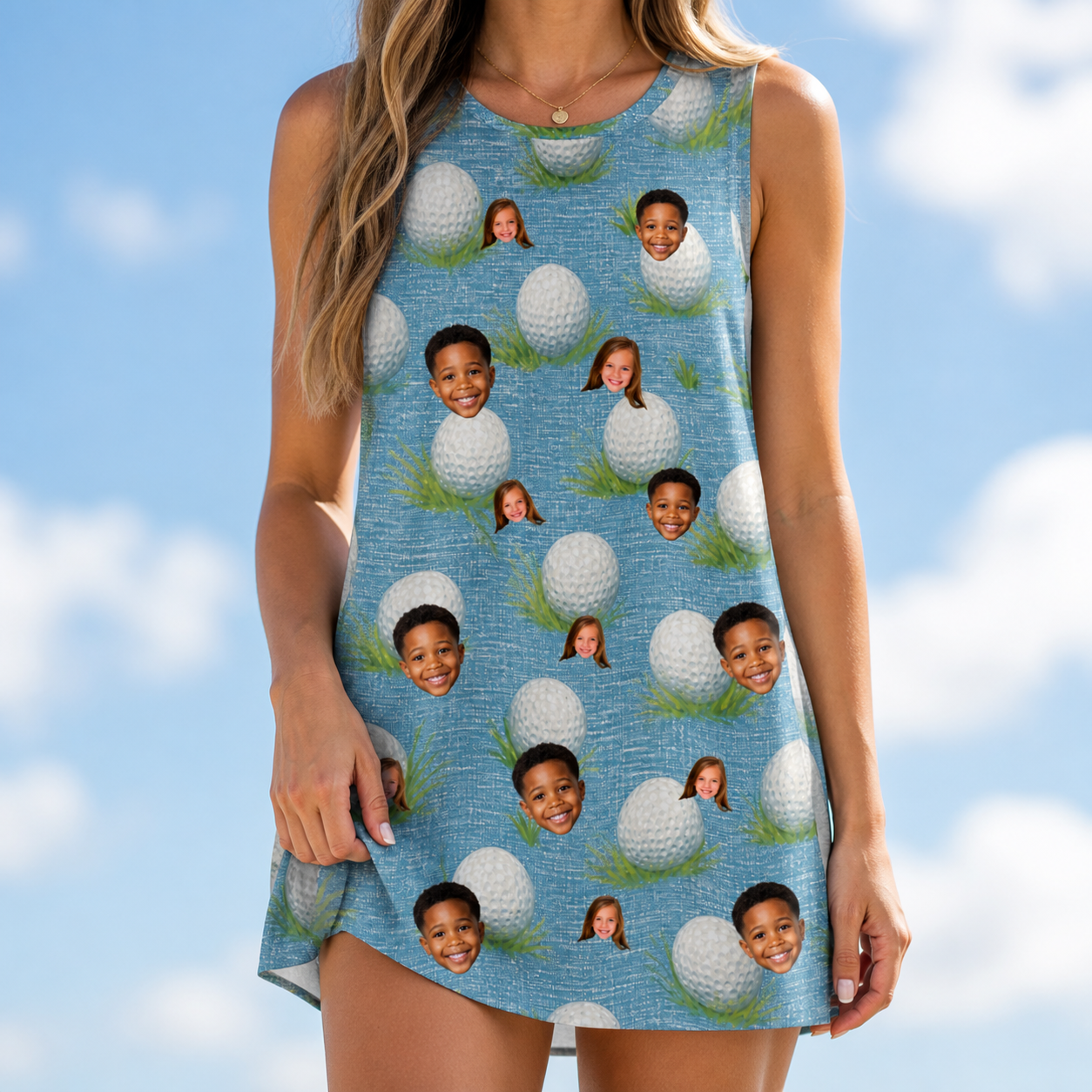 Model wearing Women's Roundabout Rollers Custom Face Tank Dress printed with kids' faces