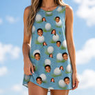 Model wearing Women's Roundabout Rollers Custom Face Tank Dress printed with kids' faces