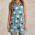 Model wearing Women's Roundabout Rollers Custom Face V-Neck Dress printed with kids' faces