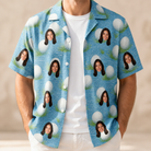 Man wearing Men's Roundabout Rollers Custom Face Hawaiian Shirt open over a white tee