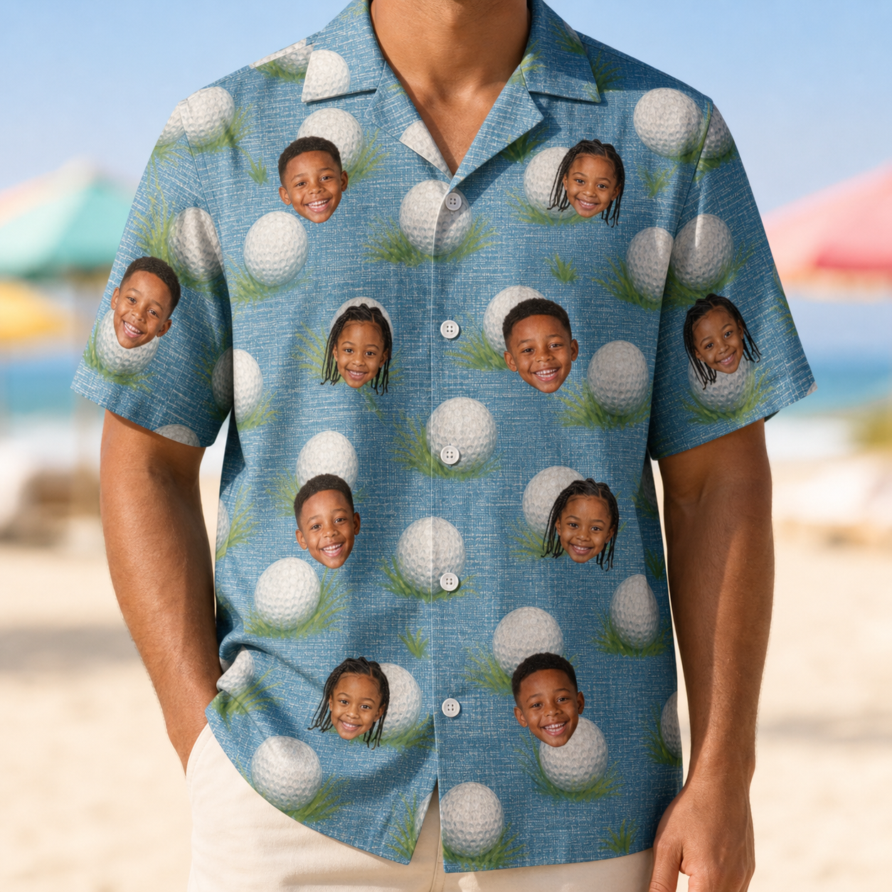 Model wearing Men's Roundabout Rollers Custom Face Hawaiian Shirt printed with kids' faces