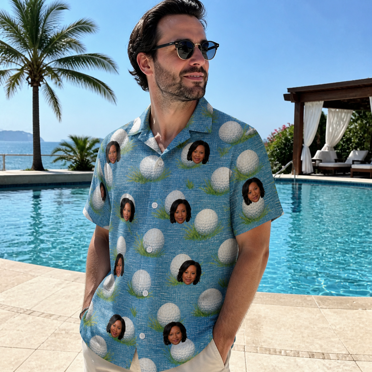 Real-life photo of someone wearing Men's Roundabout Rollers Custom Face Hawaiian Shirt — custom faces printed all-over