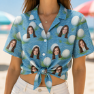 Woman wearing Women's Roundabout Rollers Custom Face Hawaiian Shirt tied at the waist