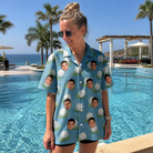 Real-life photo of someone wearing Women's Roundabout Rollers Custom Face Hawaiian Shirt — custom faces printed all-over