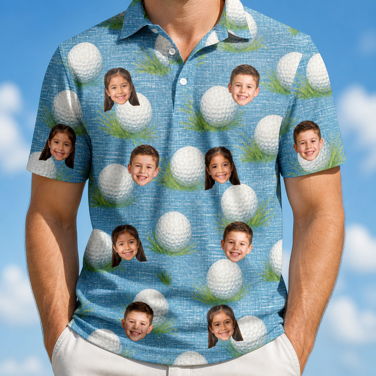 Model wearing Men's Roundabout Rollers Custom Face Polo Shirt printed with kids' faces