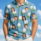 Model wearing Men's Roundabout Rollers Custom Face Polo Shirt printed with kids' faces
