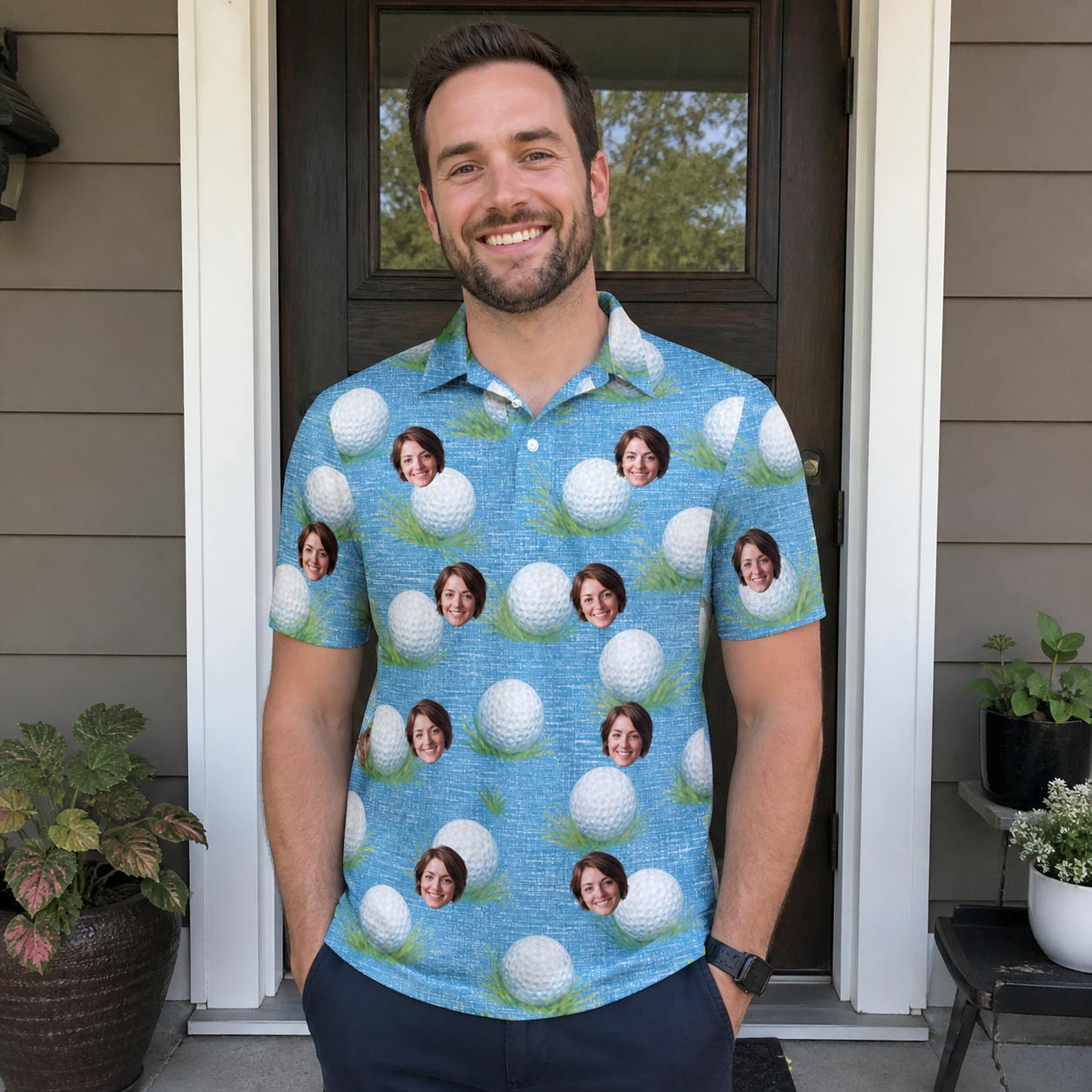 Real-life photo of someone wearing Men's Roundabout Rollers Custom Face Polo Shirt — custom faces printed all-over