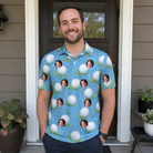 Real-life photo of someone wearing Men's Roundabout Rollers Custom Face Polo Shirt — custom faces printed all-over