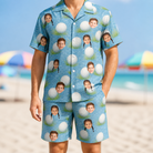 Model wearing Men's Roundabout Rollers Custom Face Shirt & Shorts Set printed with kids' faces